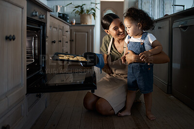 Buy stock photo Cookies, mom or toddler baking with oven, tray or food for bonding or lesson in family home. Happy parent, night or mother teaching kid cooking skill for child development, learning or breakfast meal