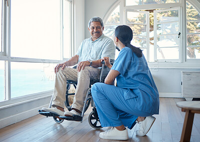 Buy stock photo Full length shot of a handsome senior man and his female nurse in the old age home