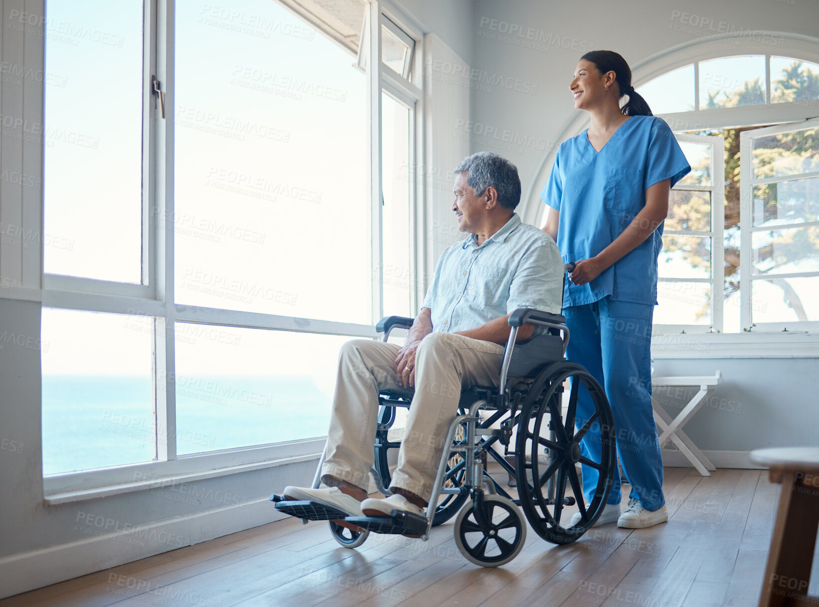 Buy stock photo Nurse, healthcare and thinking with old man and wheelchair in living room for Alzheimer, cognitive support and memory. Caregiver, medical and senior with person with a disability in retirement home