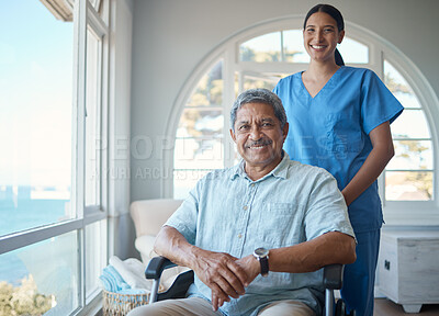 Buy stock photo Nurse, man with a disability and portrait for wheelchair, healthcare and support with assisted living. Women, caregiver and empathy for house service, discussion and rehabilitation with senior care