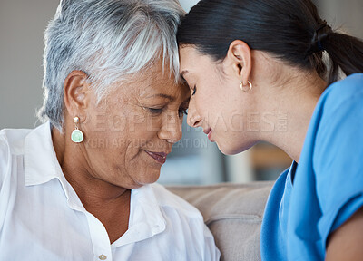 Buy stock photo Love, caregiver or senior patient with support or healthcare consultation, empathy or compassion. Forehead, medical or pensioner with nurse, help and sympathy with kindness, comfort or rehabilitation