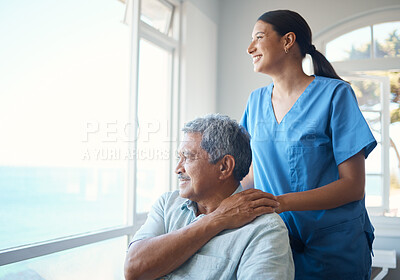 Buy stock photo Cropped shot of a handsome senior man and his female nurse in the old age home