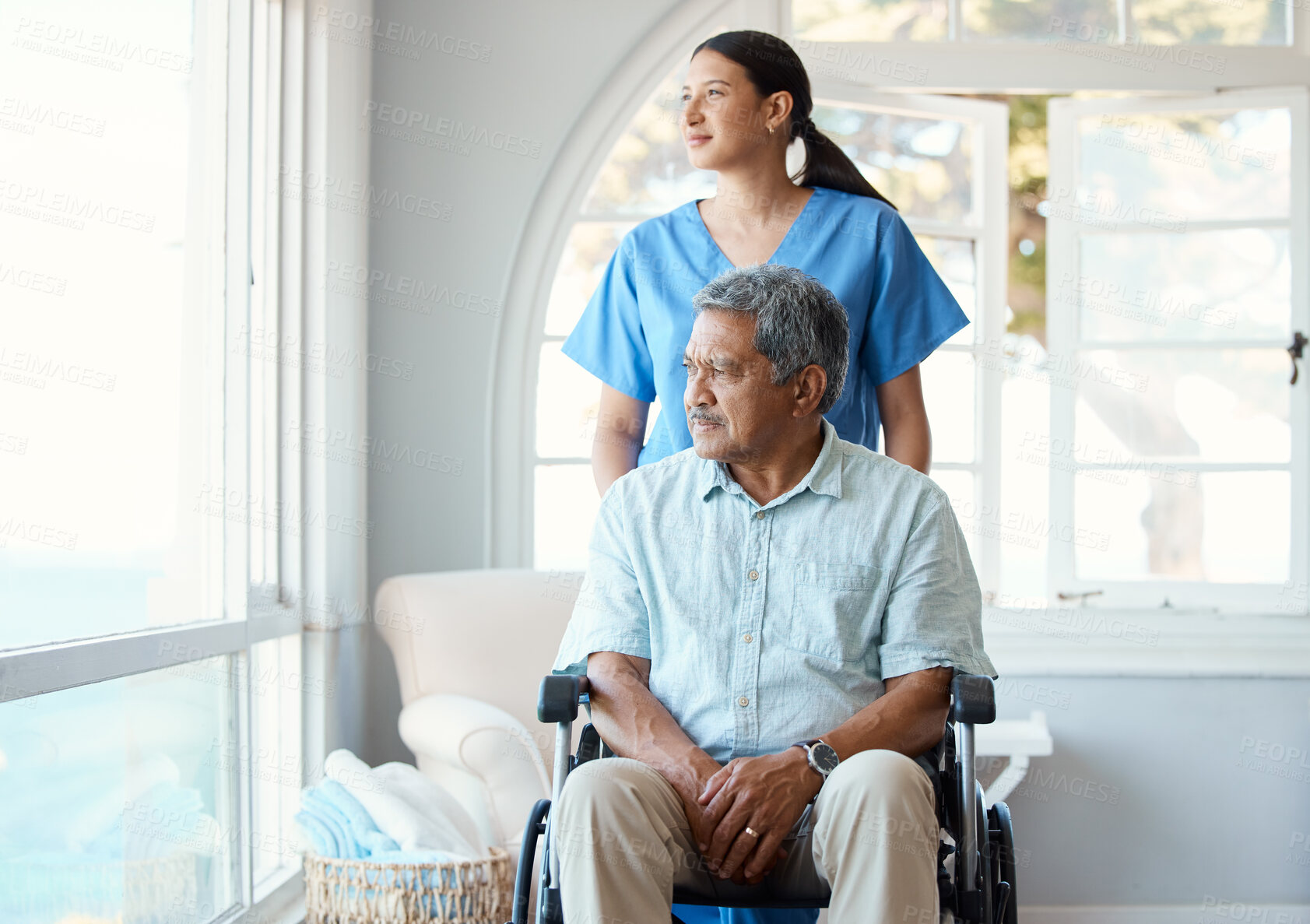 Buy stock photo Nurse, window and thinking with old man and wheelchair in living room for Alzheimer, cognitive support and memory. Healthcare, medical and senior care with person with a disability in retirement home