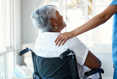 Buy stock photo Cropped portrait of an attractive senior woman and her female nurse in the old age home