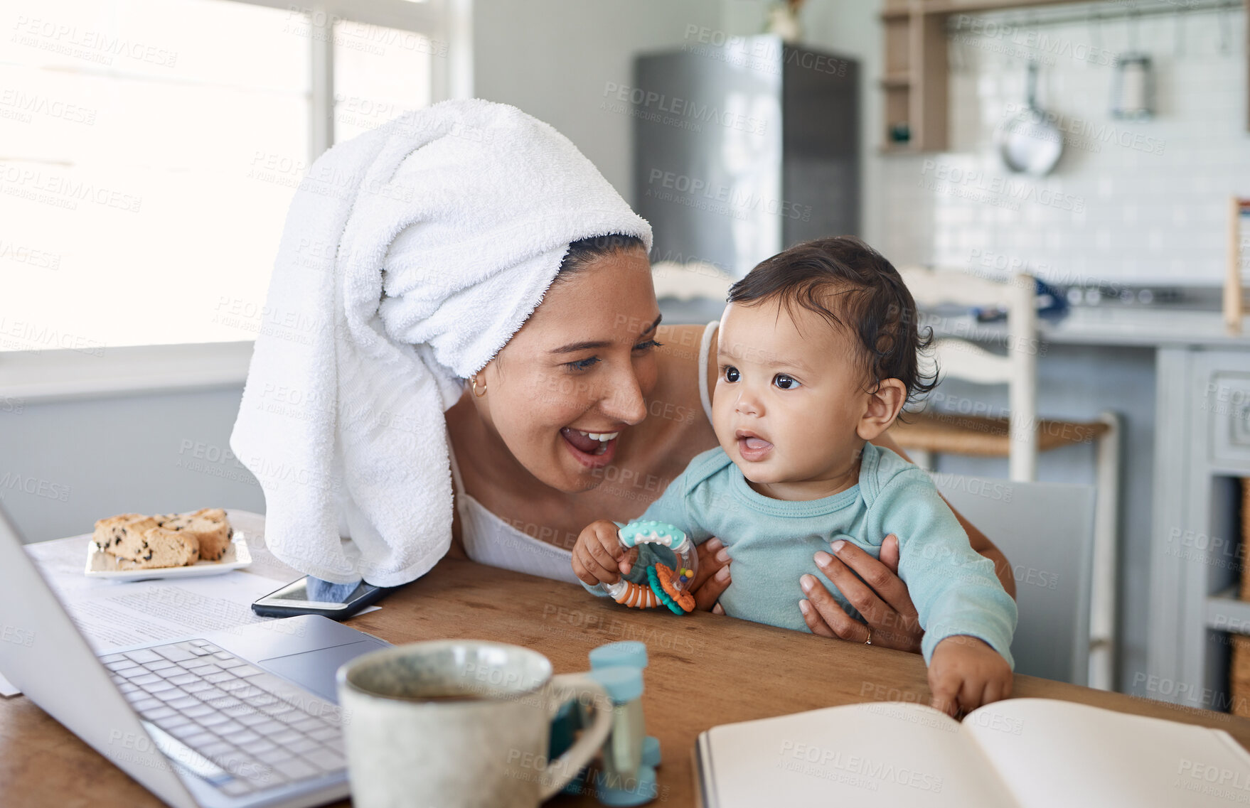 Buy stock photo Happy, baby or mom multitasking with laptop for remote work, freelance or business life balance in home. Entrepreneur, morning or mother juggling parenting task for responsibility, breakfast or play