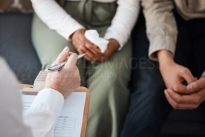 Buy stock photo Hands of couple, therapist with pen and counselling for support, advice and help in relationship together. Closeup of hand of man, woman and psychologist, communication and healing marriage therapy.