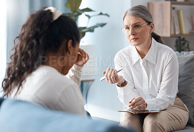 Buy stock photo Woman, therapist and consulting sad patient in counseling, mental health or psychology for healthcare. Female person or psychologist talking to client with anxiety or stress in therapy consultation