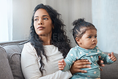 Buy stock photo Mental health, mother with her baby and on sofa waiting for a doctor with a lens flare. Depression or disconnect, postpartum, anxiety or counseling and woman with her child wait on a therapist