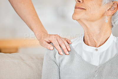 Buy stock photo Woman, nurse hand and support for elderly care with touch, trust and empathy in nursing home. Senior person, caregiver and friendly service in living room for counseling, compassion and healthcare