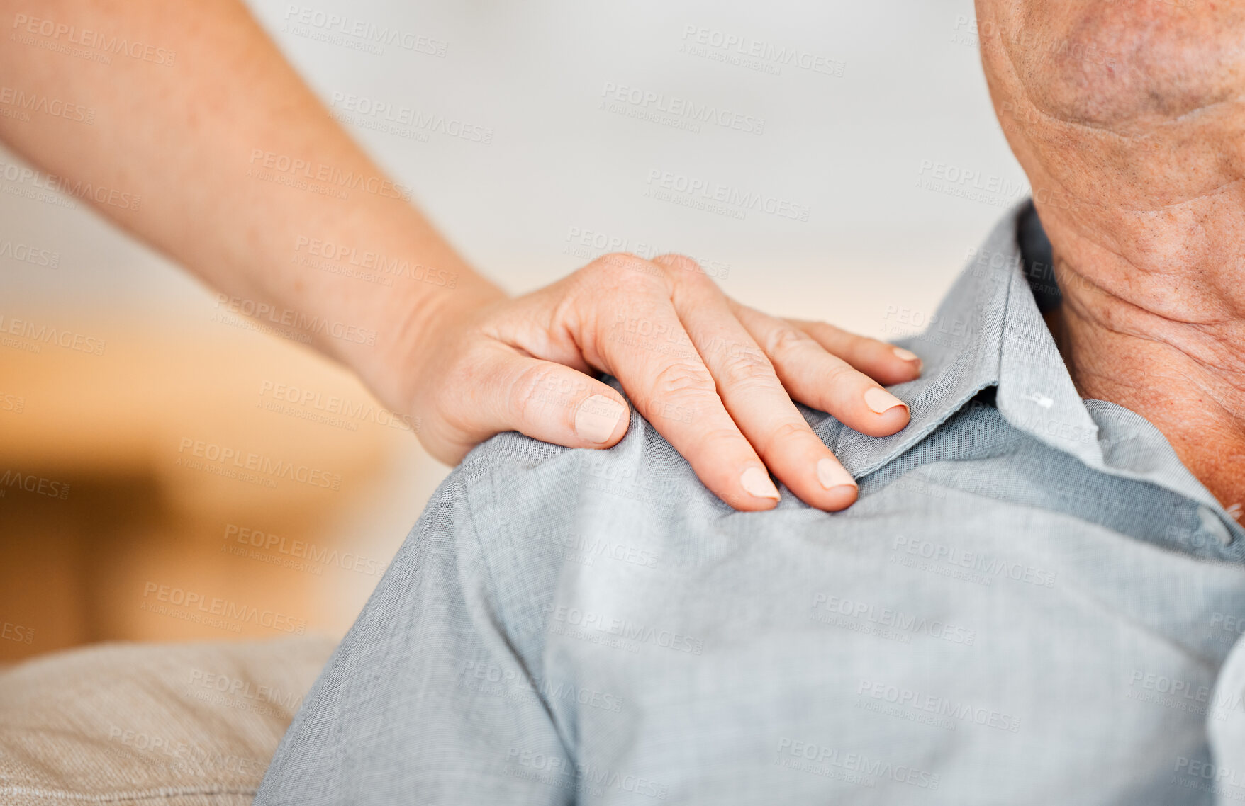 Buy stock photo Closeup, hand and support with senior person for care or wellness in house, nursing home and retirement. Zoom, empathy and touch on shoulder for compassion, elderly and sympathy for healthcare help