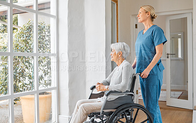 Buy stock photo Home, caregiver and senior woman in wheelchair for support, assistance and thinking by window. House service, nurse and old patient with disability for recovery, retirement memory and help with push