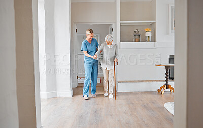 Buy stock photo Nurse, healthcare and support with old woman and walking stick for Parkinson, rehabilitation or cane. Medical, caregiver and osteoporosis with person with disability in nursing home for elderly care