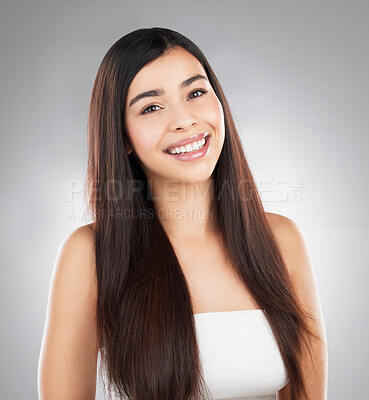 Buy stock photo Portrait, hair care and woman with glow, texture or cosmetics on gray studio background. Face, person or model with beauty, volume or shine with glow, wellness or grooming routine with dermatology