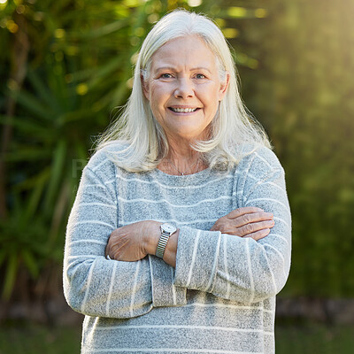 Buy stock photo Senior, woman and portrait with arms crossed in garden for relax, happy and confidence in retirement. Person, home and wellness in backyard with smile, weekend break or proud pensioner in environment