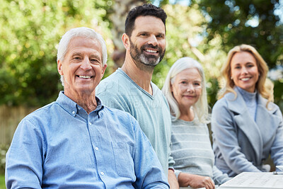 Buy stock photo Couple, parents and happy in backyard on portrait at home on visit for bonding and support in Germany. People, family and smile with confidence in garden for fun, care and trust with love outdoor