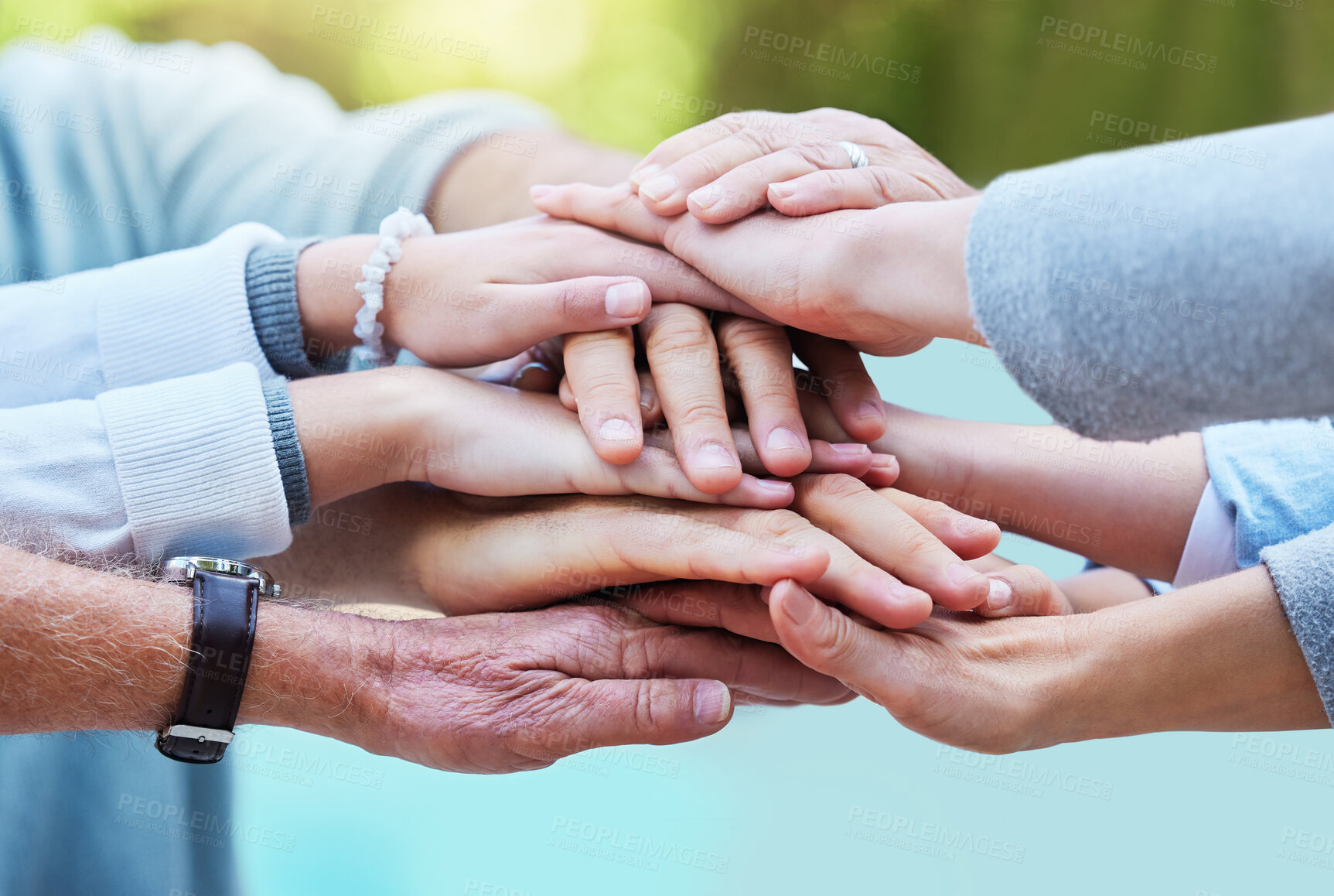 Buy stock photo Family, trust and hands together for teamwork, agreement or collaboration in solidarity in garden. Group of people in community gathering piling hand for unity, celebration or love in partnership