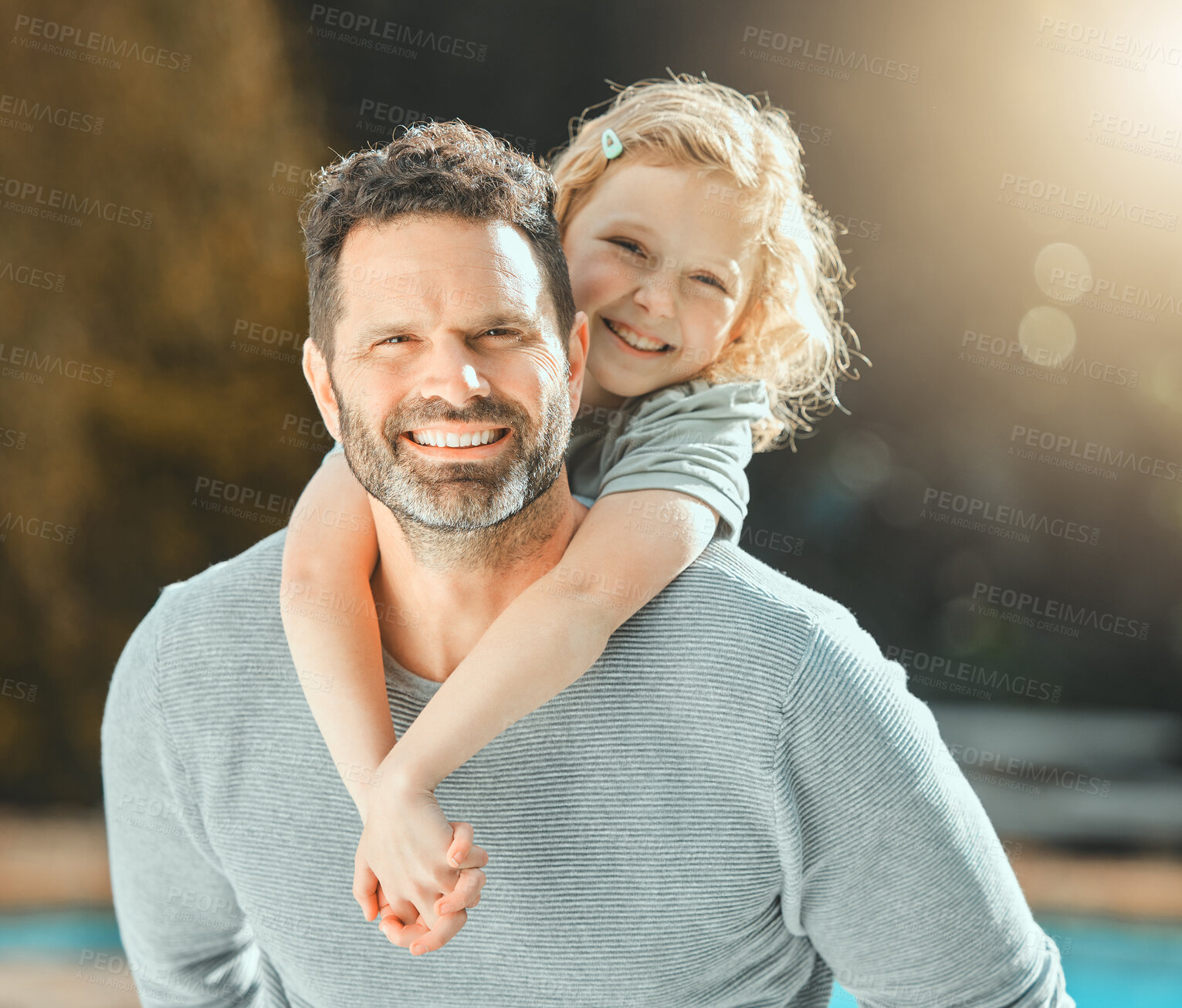 Buy stock photo Portrait, man and child on piggyback for outdoor, fun or bonding together as loving father. Male person, kid and smile for love, support and happiness as excited on family holiday for summer in Italy