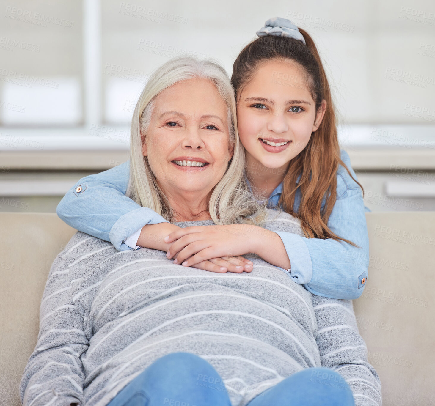 Buy stock photo Portrait, hug and grandmother with happy child in home for love, support and family bonding. Face, kid and girl embrace with grandparent for connection, trust and generations relax together in USA