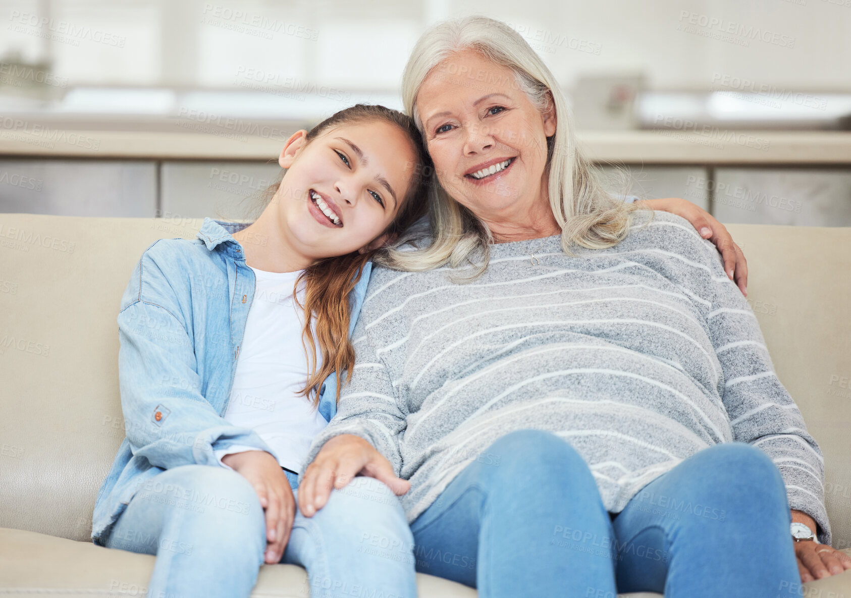 Buy stock photo Portrait, hug and grandmother with happy kid in home for love, support and family bonding. Face, child and girl embrace with grandparent for connection, trust and generations relax together in USA