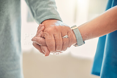 Buy stock photo Nurse, senior or person holding hands in clinic for support, checkup or elderly care for patient and service. Retirement, rehabilitation or caregiver with empathy for wellness, help or consultation