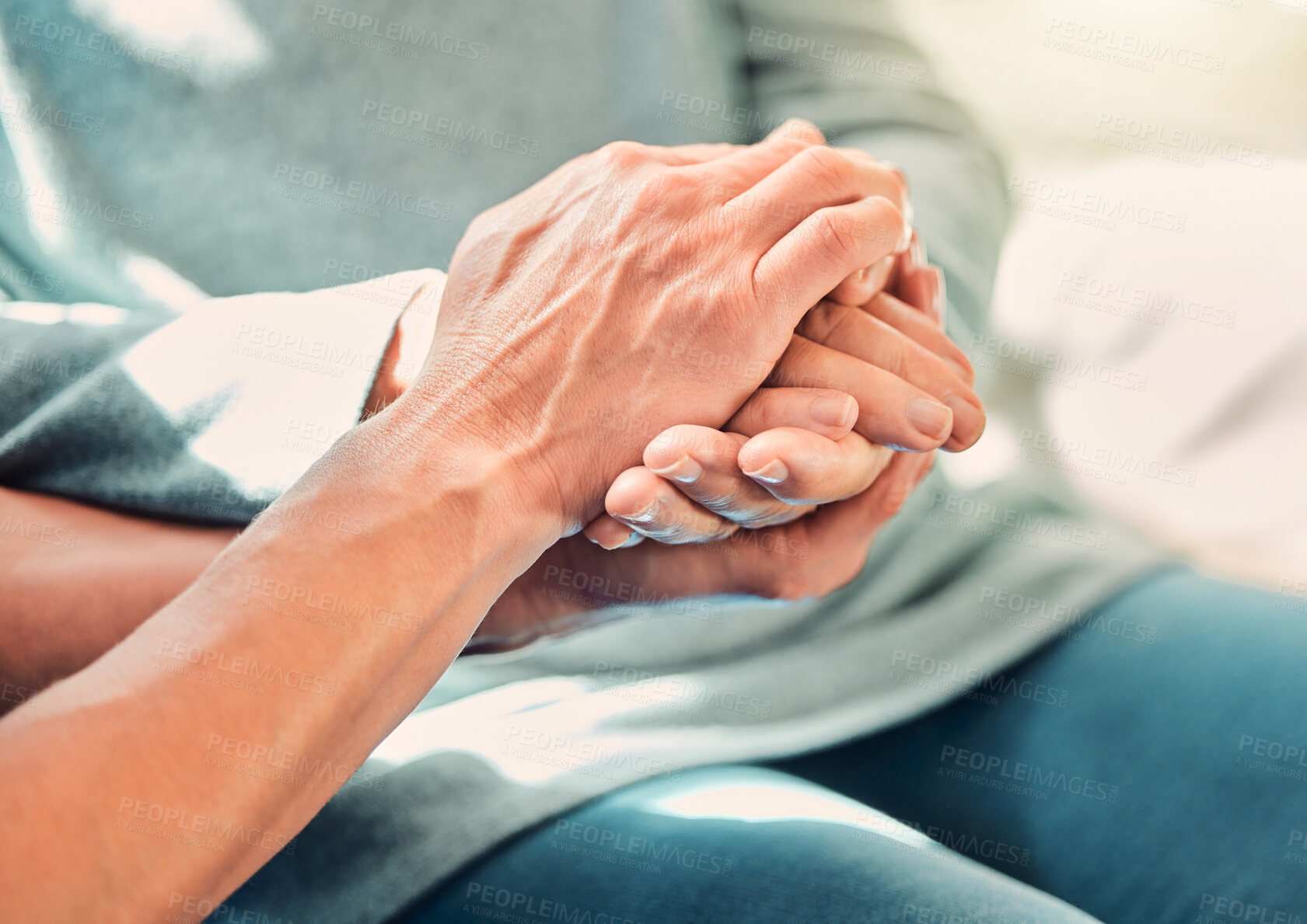 Buy stock photo Holding hands, care and caregiver with senior woman for support and trust in a nursing home for people in retirement. Nurse, help and elderly patient with a professional for medical and cancer advice