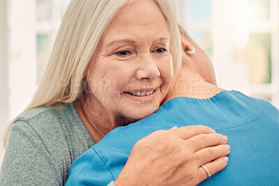 Buy stock photo Good news, hug or happy old woman with nurse for support, hope or elderly care for patient or trust. Retirement, rehabilitation or caregiver in clinic with empathy for wellness, help or senior person