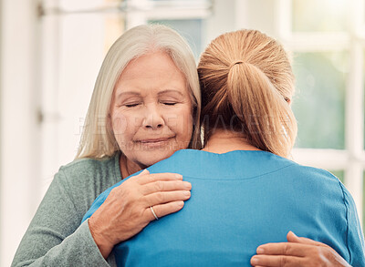 Buy stock photo Health, hug or old woman with nurse for support, hope or elderly care for patient, trust or service. Retirement, rehabilitation or caregiver in clinic with empathy for wellness, help or senior person