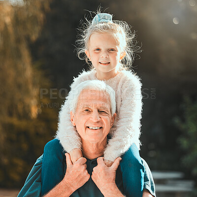 Buy stock photo Outdoor, grandfather and girl in portrait for carrying, playful and bonding together on vacation holiday. Backyard, grandpa and child on shoulder for security, connection and happiness in Canada