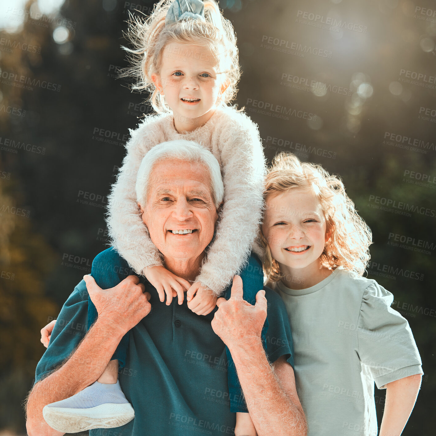 Buy stock photo Piggyback, grandpa and portrait of happy kids in park for playing, love or bonding together. Nature, children siblings or proud grandfather with support, security or smile with family in Australia