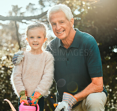 Buy stock photo Garden, grandfather and girl in portrait with watering can, planting and agriculture on countryside. Backyard, senior grandpa and child with equipment for nature growth, sustainability and bonding