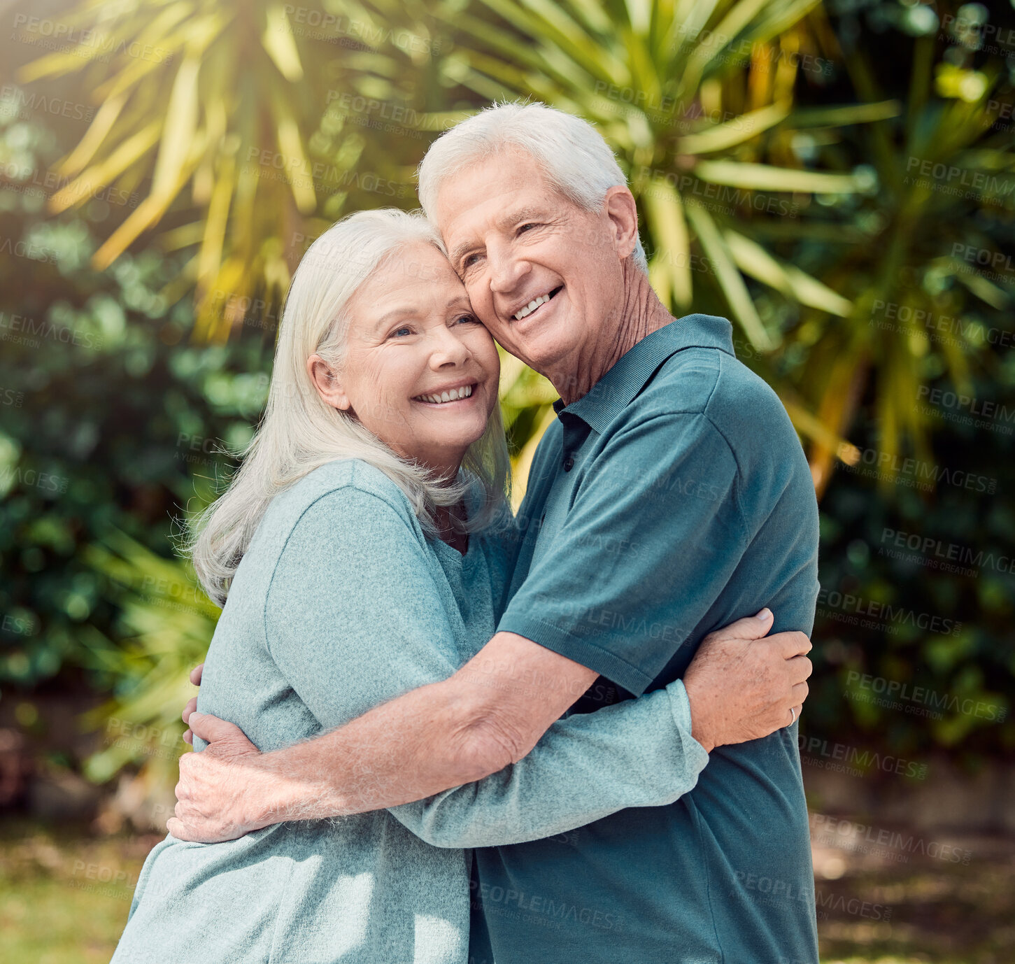 Buy stock photo Happy, love and portrait with senior couple, garden and hug for bonding, romance or date in nature. Smile, elderly woman and man in retirement, together and care with marriage and outdoor park