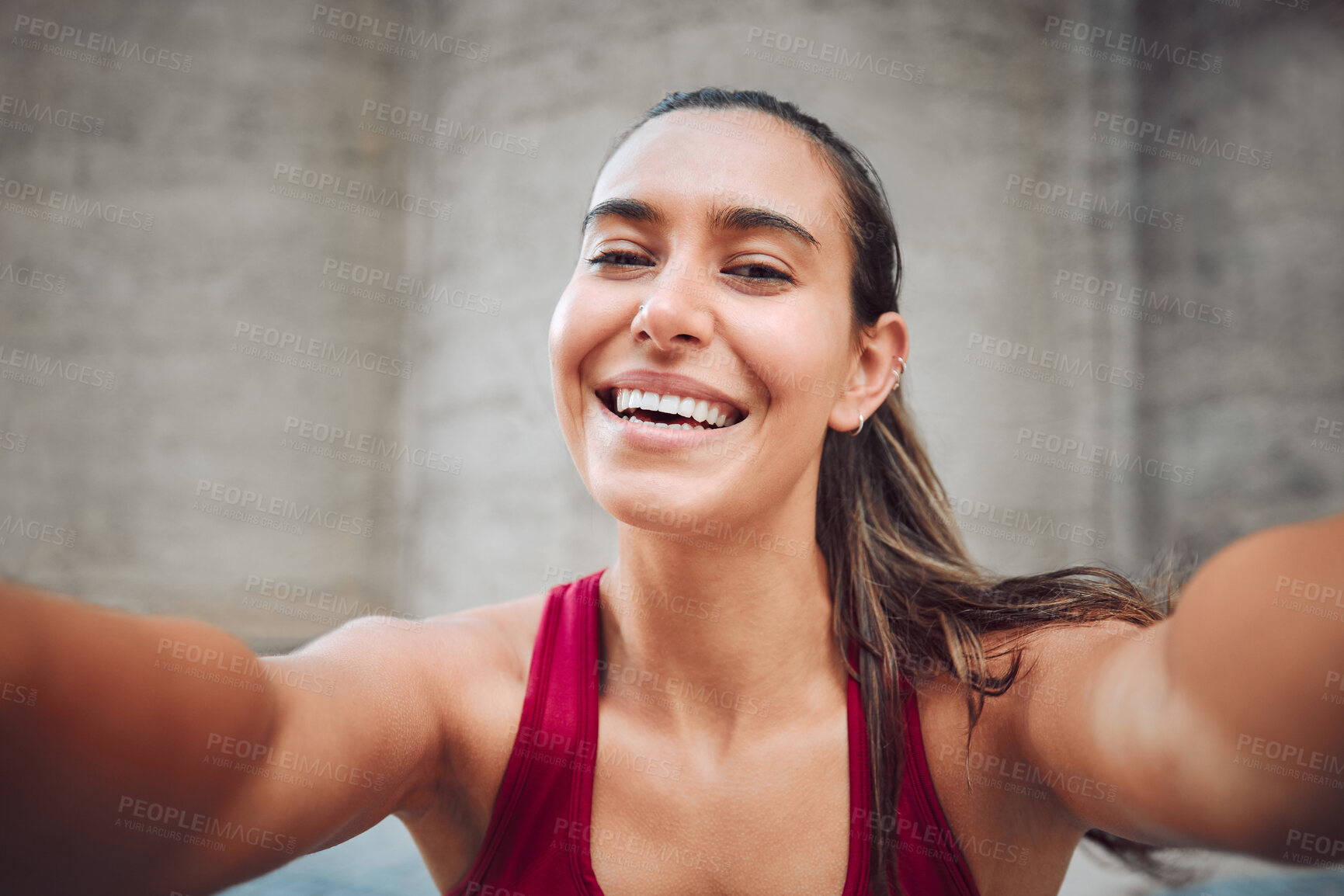 Buy stock photo Outdoor, woman and smile for fitness with selfie for social media post, interaction and profile picture in Spain. Female person, portrait and happy in confidence outside on workout or exercise break