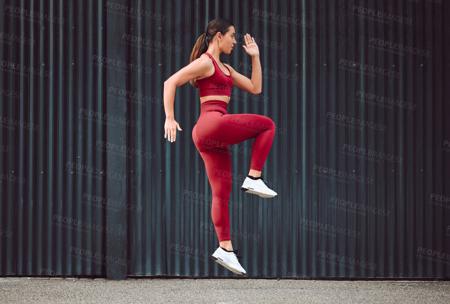 Buy stock photo City, fitness and warm up with woman runner outdoor for cardio, training or workout routine. Exercise, running and preparation with sports athlete or person in urban town for start of challenge