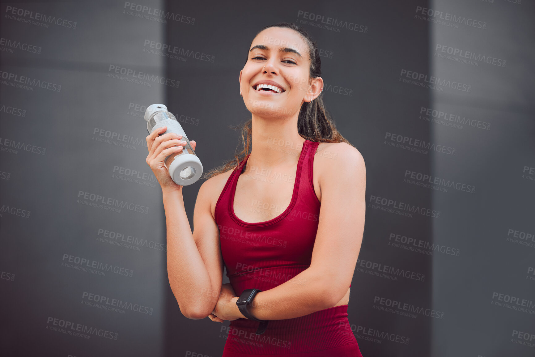 Buy stock photo Exercise, portrait and water with woman runner outdoor for cardio, training or workout routine. Fitness, running and smile with sports athlete or person in urban town for challenge and hydration