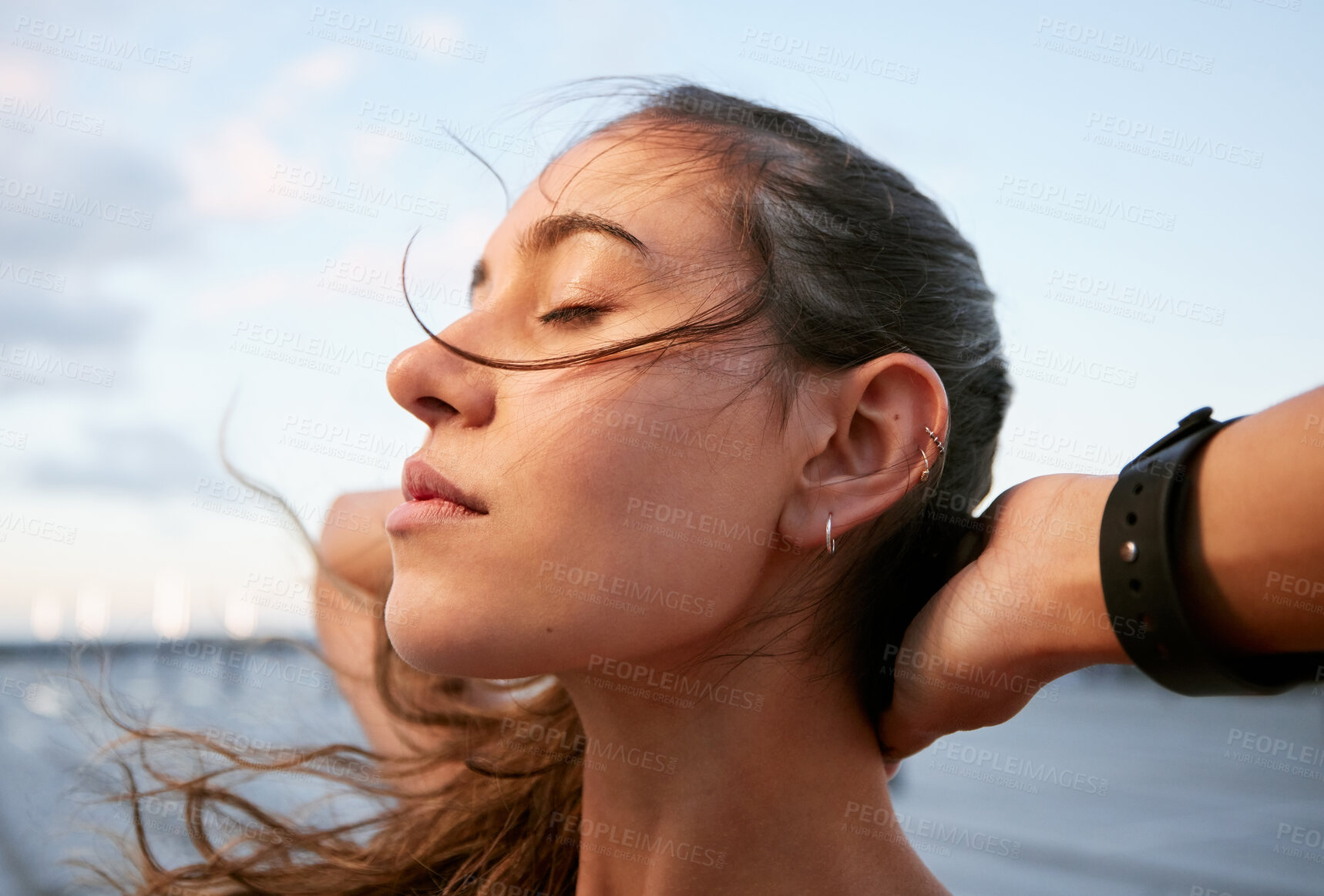 Buy stock photo Woman, thinking and peace in city for fitness, breathing exercise and calm for wellness. Runner, rest and fresh air in Italy for sports, mindfulness and meditation in wind or exhausted in training