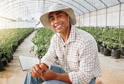 Buy stock photo Man, farmer and portrait with notebook in greenhouse with smile, pride or confidence in countryside. Person, book and happy for agriculture, food production and sustainable small business in Colombia