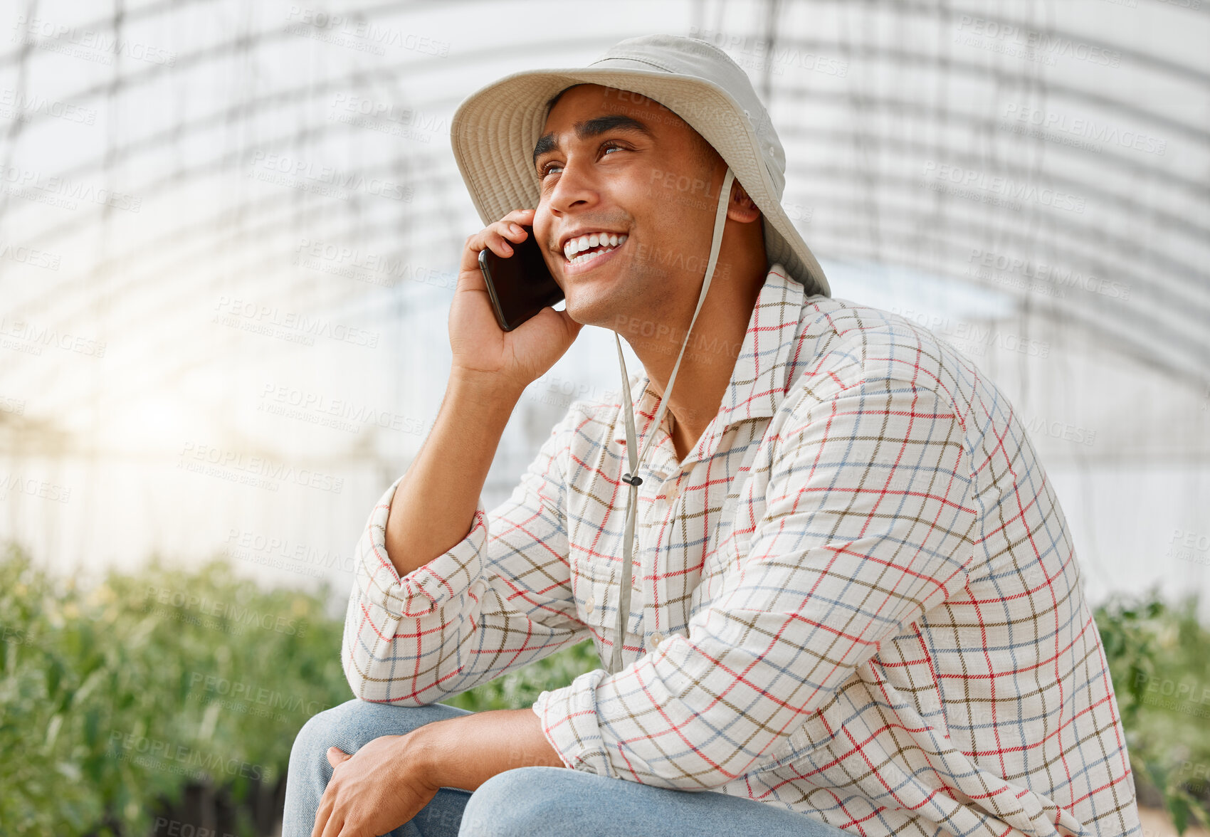 Buy stock photo Farm, greenhouse and man with phone call for plant growth, sustainability and vegetable garden. Agriculture, countryside and farmer on smartphone talking for contact, communication and networking