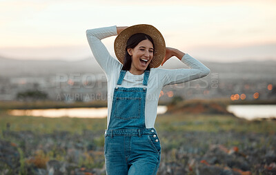 Buy stock photo Agriculture, happy woman or excited farmer on field with growth, plants and sustainable business owner. Nature, laughing and girl in agro farming, development and outdoor management in countryside.