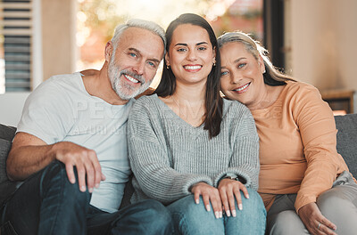 Buy stock photo Senior parents, woman and home portrait, weekend visit and relax together for bonding. Retirement, proud daughter and love family in Argentina, happiness and care for relationship security on sofa