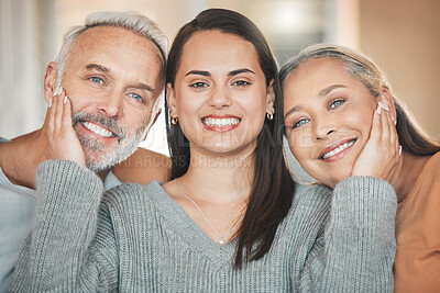 Buy stock photo Parents, woman and hands in home portrait, weekend visit and relax together for bonding. Retirement, proud daughter and love family in Argentina, happiness and care for relationship security on sofa