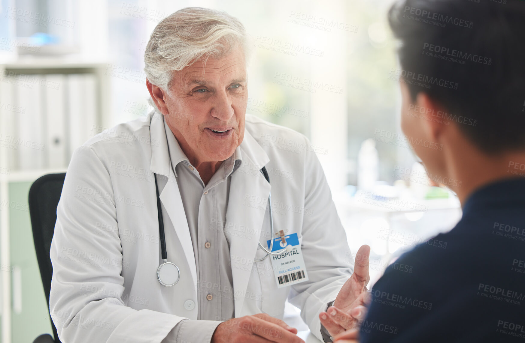 Buy stock photo Mature man, doctor and patient in healthcare discussion, appointment or diagnosis for prescription at hospital. Specialist, talks and medical worker result consultation for insurance or clinic advice