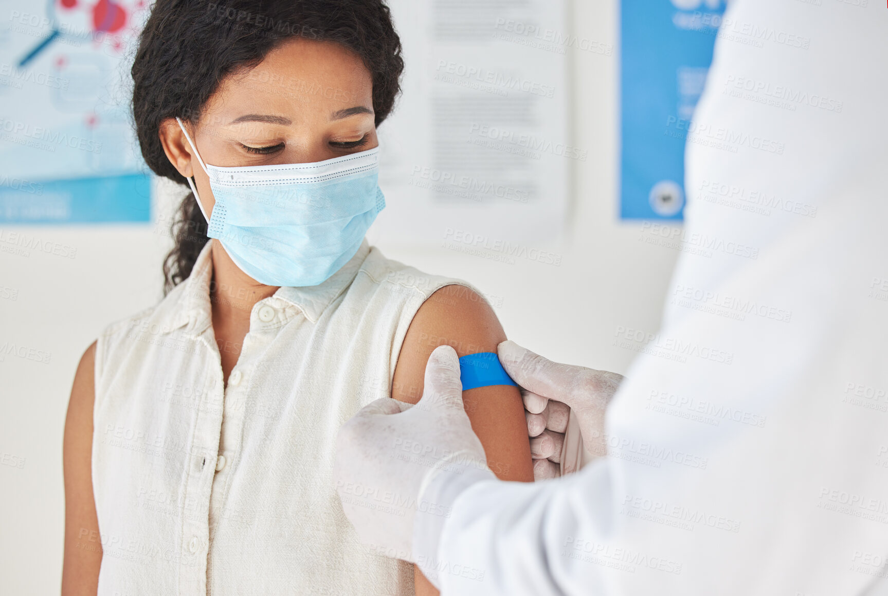 Buy stock photo Doctor, injection and woman with bandage in clinic for healthcare, support and virus safety. Medical service, ppe and people with band aid in consultation for mpox vaccine, immunization or protection