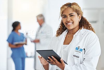 Buy stock photo Portrait smile, woman and doctor with tablet for research, telehealth or healthcare in hospital. Technology, medical professional and face of African female surgeon with wellness app in health clinic