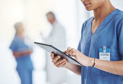 Buy stock photo Man, hands and nurse with tablet for research, telehealth or healthcare in hospital. Technology, medical professional and hand of male doctor with touchscreen, wellness app and online consultation.