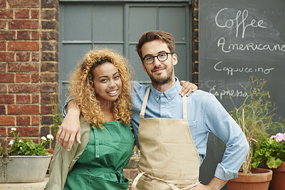 Buy stock photo Small business, collaboration and portrait of employee in cafe for management, startup and teamwork. Restaurant, hipster and support with waiter in coffee shop store for retail, vision and goal