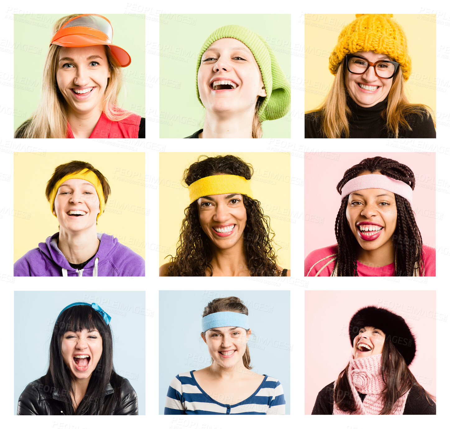 Buy stock photo Collage, funny and face of women with silly hat day for creative work portrait in studio with diversity. Comic, montage and crazy expression with fun, quirky and humor for prank or goofy with joke