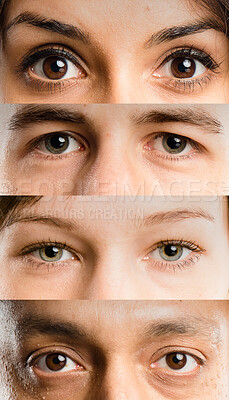 Buy stock photo Portrait, eyes and diversity of people for optometry, eyebrow shape or eyelash difference. Face zoom, collage and diverse group of optometrist patients showing eye color, pupils and optic gaze