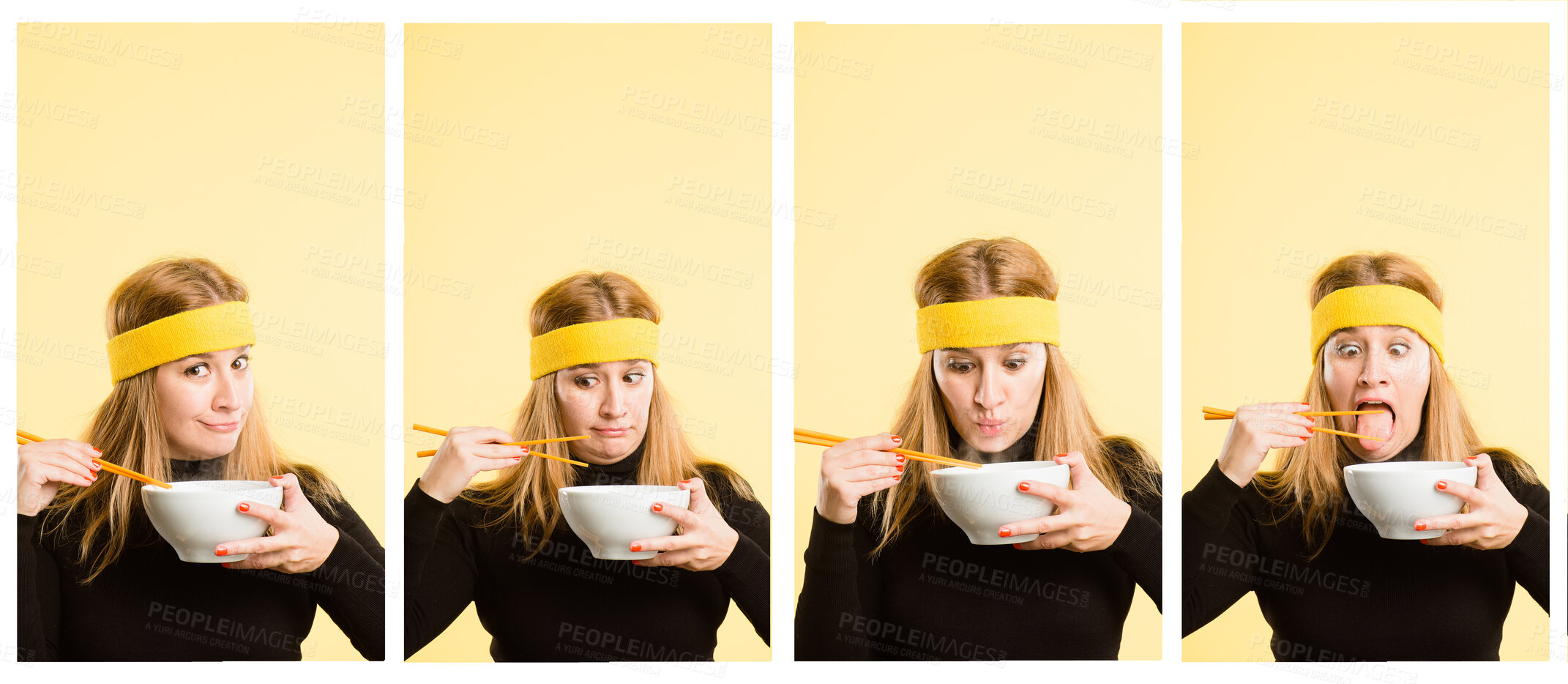 Buy stock photo Composite, woman and chopsticks in studio for food, nutrition and goofy on yellow background. Female person, collage and bowl for fibre or healthy vitamins, wellness and asian tool for silly eating