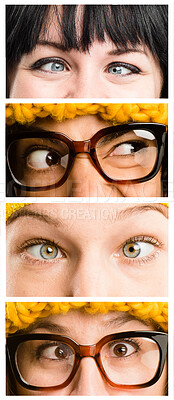 Buy stock photo Funny, composite and eyes of people with silly, goofy and comic face expression for joke. Crazy, collage and closeup of women with glasses and contact lens for vision, optometry or optical health.