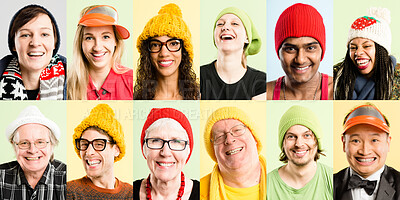 Buy stock photo Collage, funny and face of people with silly hat day for creative work portrait in studio with diversity. Comic, montage and crazy expression with fun, quirky and humor for prank or goofy with joke